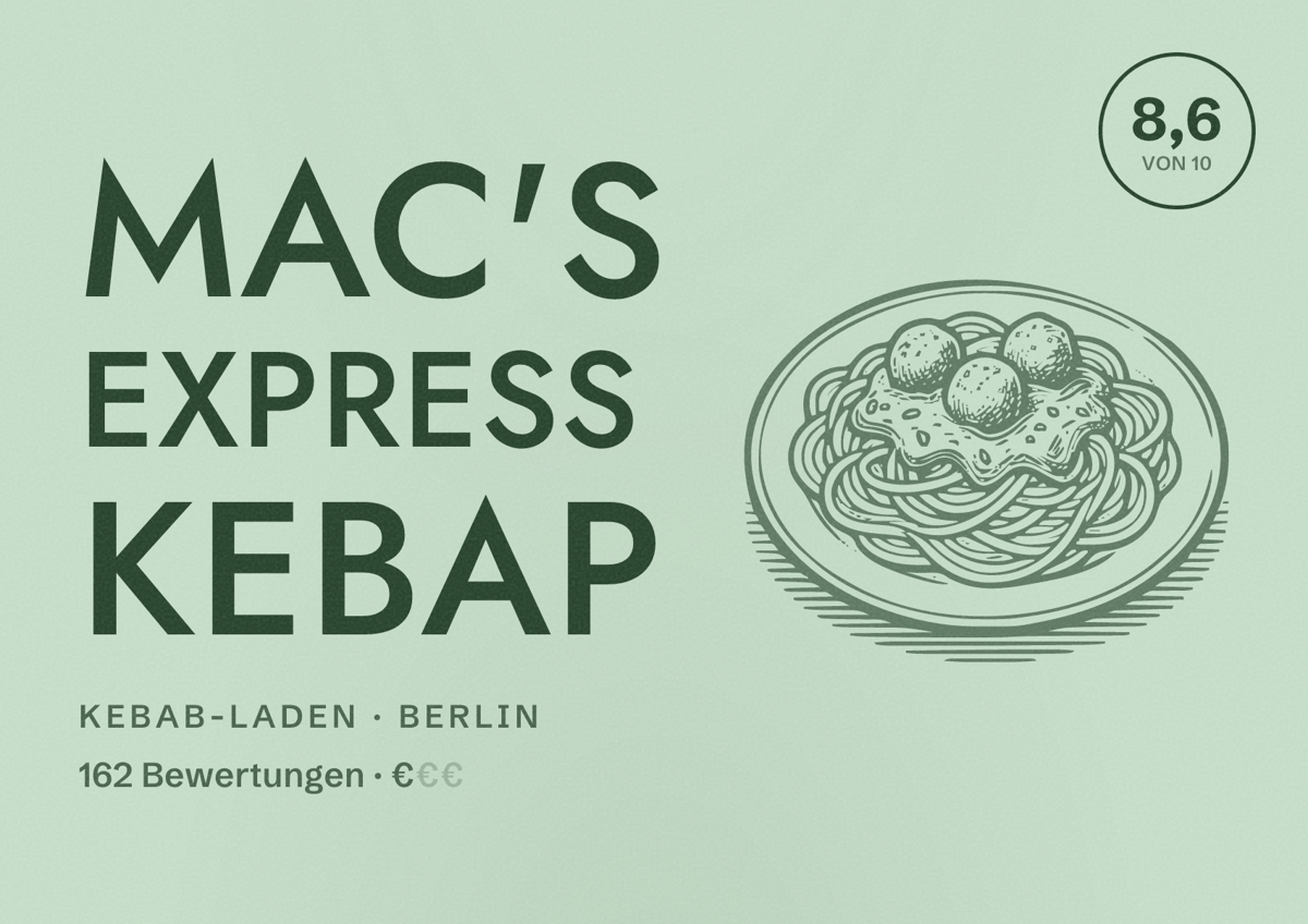 Illustriertes Poster von Mac's Express Kebap, Kebab-Laden in Berlin: Bewertung 8,6 von 10 aus 162 Bewertungen, Preisniveau €