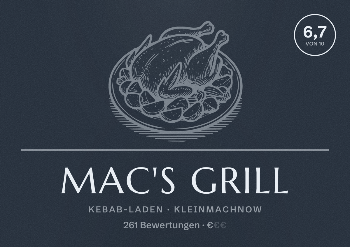 Illustriertes Poster von Mac's Grill, Kebab-Laden in Kleinmachnow: Bewertung 6,7 von 10 aus 261 Bewertungen, Preisniveau €