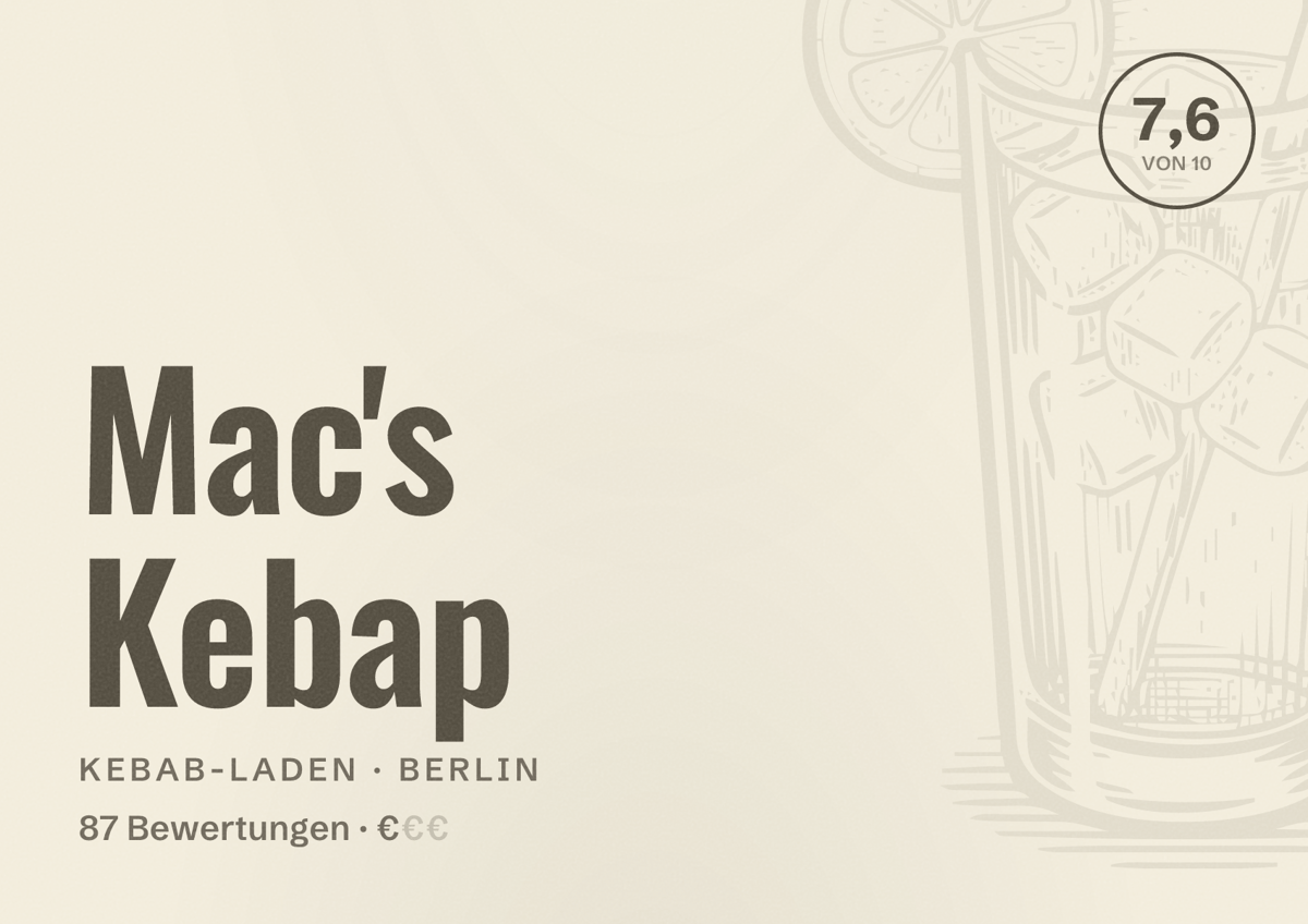 Illustriertes Poster von Mac's Kebap, Kebab-Laden in Berlin: Bewertung 7,6 von 10 aus 87 Bewertungen, Preisniveau €