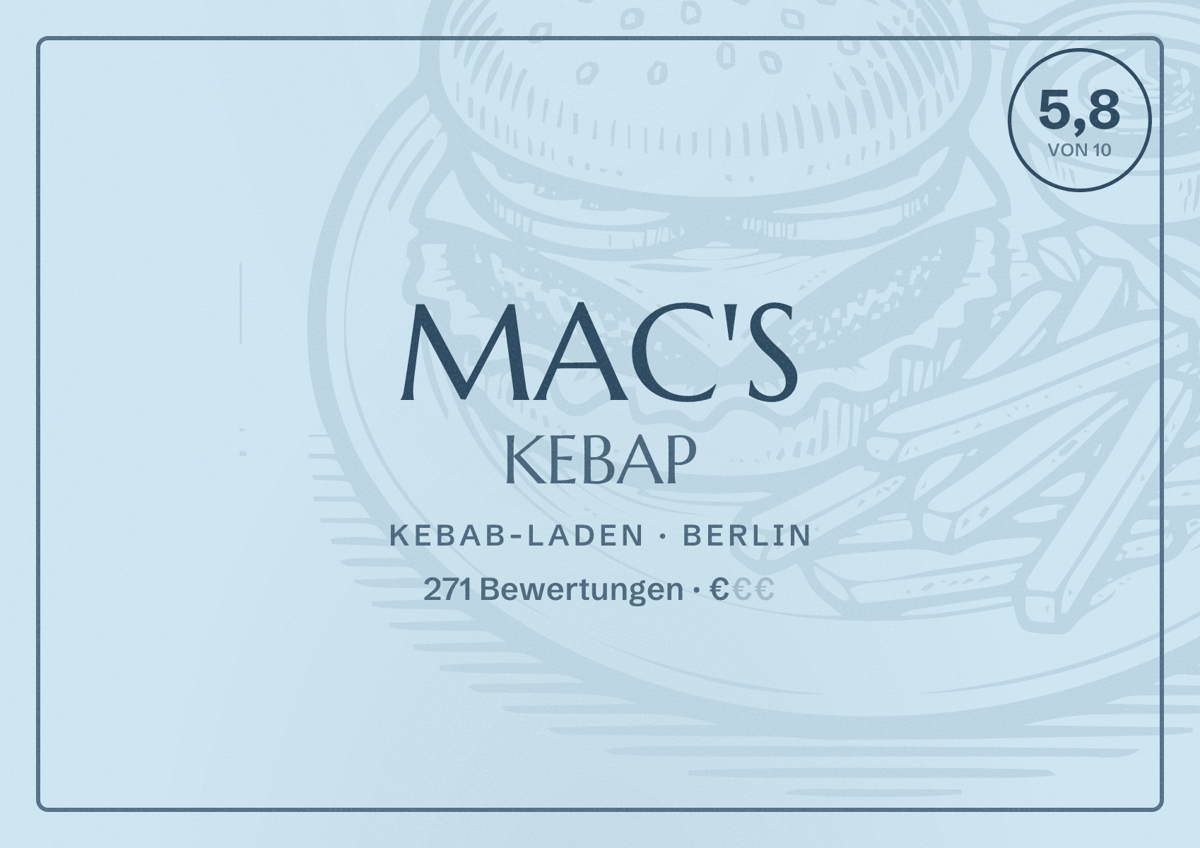 Illustriertes Poster von MAC'S KEBAP, Kebab-Laden in Berlin: Bewertung 5,8 von 10 aus 271 Bewertungen, Preisniveau €