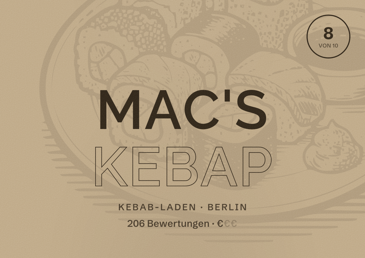 Illustriertes Poster von MAC's Kebap, Kebab-Laden in Berlin: Bewertung 8,0 von 10 aus 206 Bewertungen, Preisniveau €