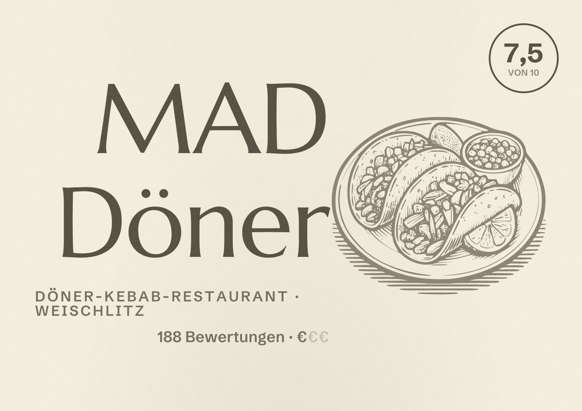 Illustriertes Poster von MAD Döner, Döner-Kebab-Restaurant in Weischlitz: Bewertung 7,5 von 10 aus 188 Bewertungen, Preisniveau €