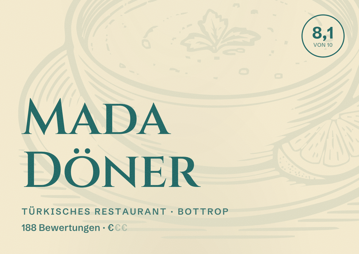 Illustriertes Poster von Mada Döner, Türkisches Restaurant in Bottrop: Bewertung 8,1 von 10 aus 188 Bewertungen, Preisniveau €