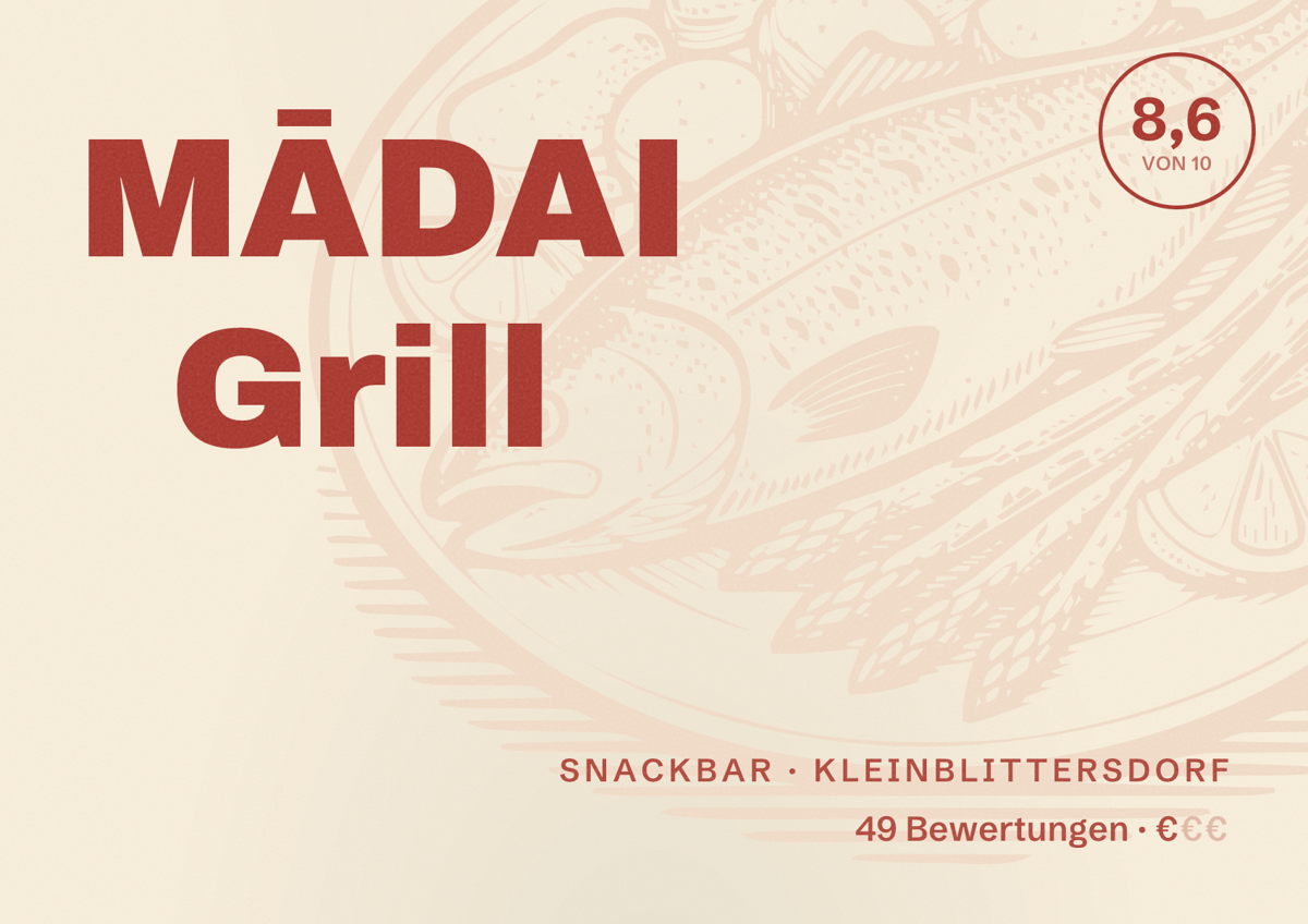 Illustriertes Poster von MĀDAI Grill, Snackbar in Kleinblittersdorf: Bewertung 8,6 von 10 aus 49 Bewertungen, Preisniveau €