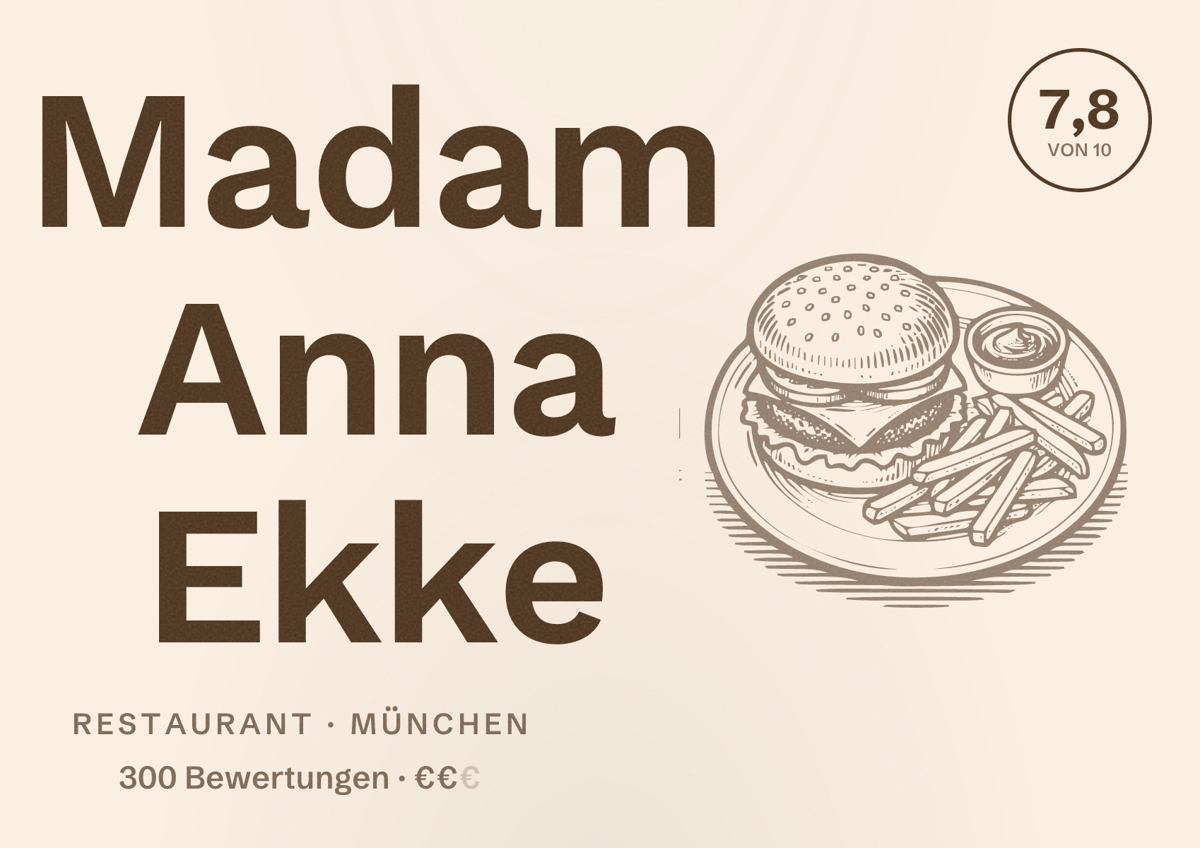 Illustriertes Poster von Madam Anna Ekke, Restaurant in München: Bewertung 7,8 von 10 aus 300 Bewertungen, Preisniveau €€