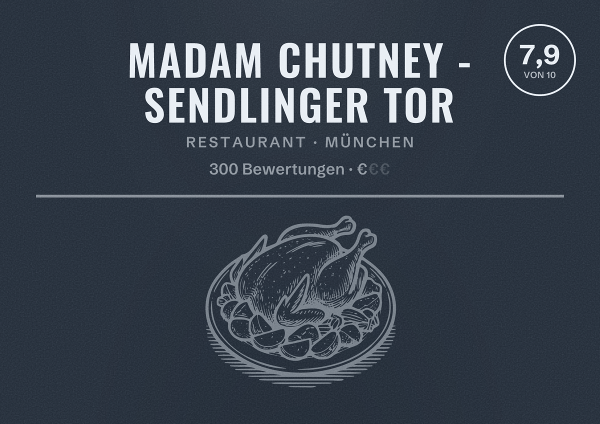 Illustriertes Poster von Madam Chutney - Sendlinger Tor, Restaurant in München: Bewertung 7,9 von 10 aus 300 Bewertungen, Preisniveau €