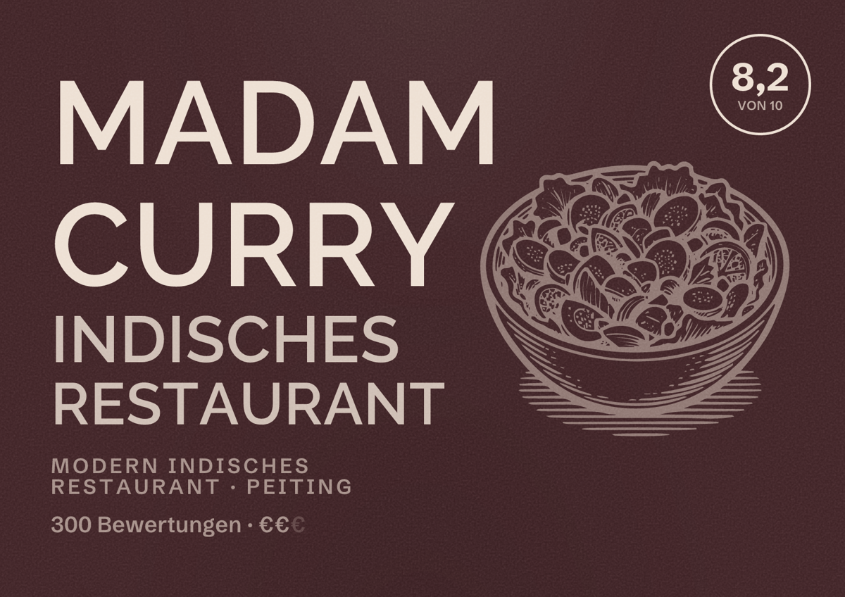 Illustriertes Poster von Madam Curry Indisches Restaurant, Modern indisches Restaurant in Peiting: Bewertung 8,2 von 10 aus 300 Bewertungen, Preisniveau €€