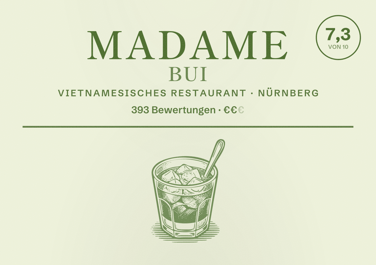 Illustriertes Poster von Madame Bui, Vietnamesisches Restaurant in Nürnberg: Bewertung 7,3 von 10 aus 393 Bewertungen, Preisniveau €€