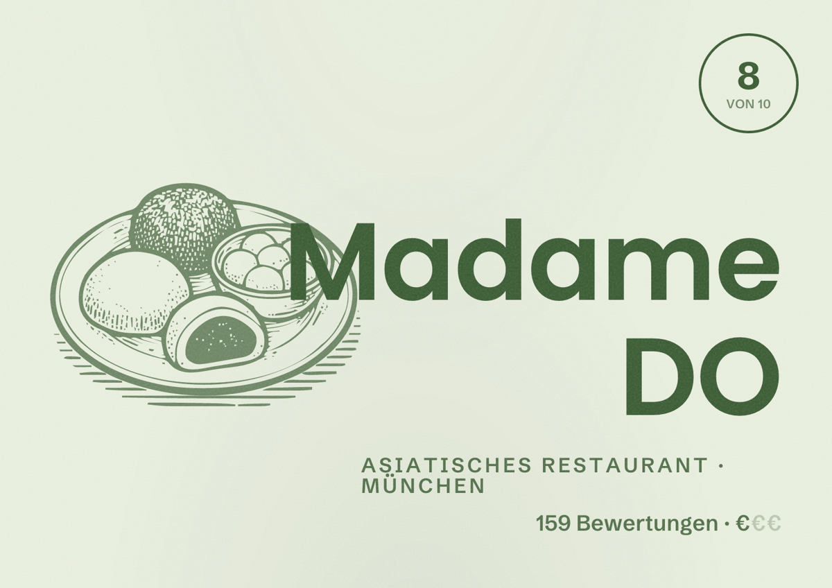 Illustriertes Poster von Madame DO, Asiatisches Restaurant in München: Bewertung 8,0 von 10 aus 159 Bewertungen, Preisniveau €