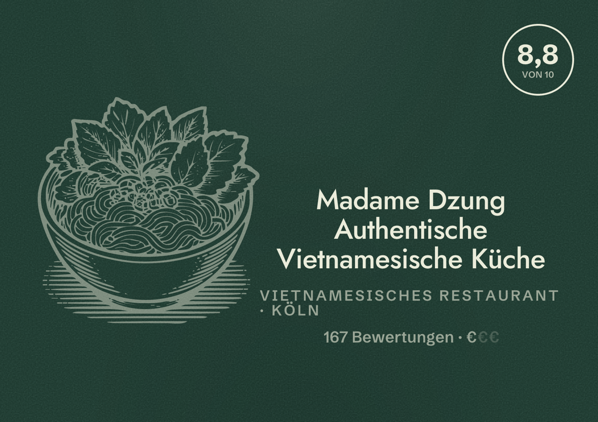 Illustriertes Poster von Madame Dzung Authentische Vietnamesische Küche, Vietnamesisches Restaurant in Köln: Bewertung 8,8 von 10 aus 167 Bewertungen, Preisniveau €