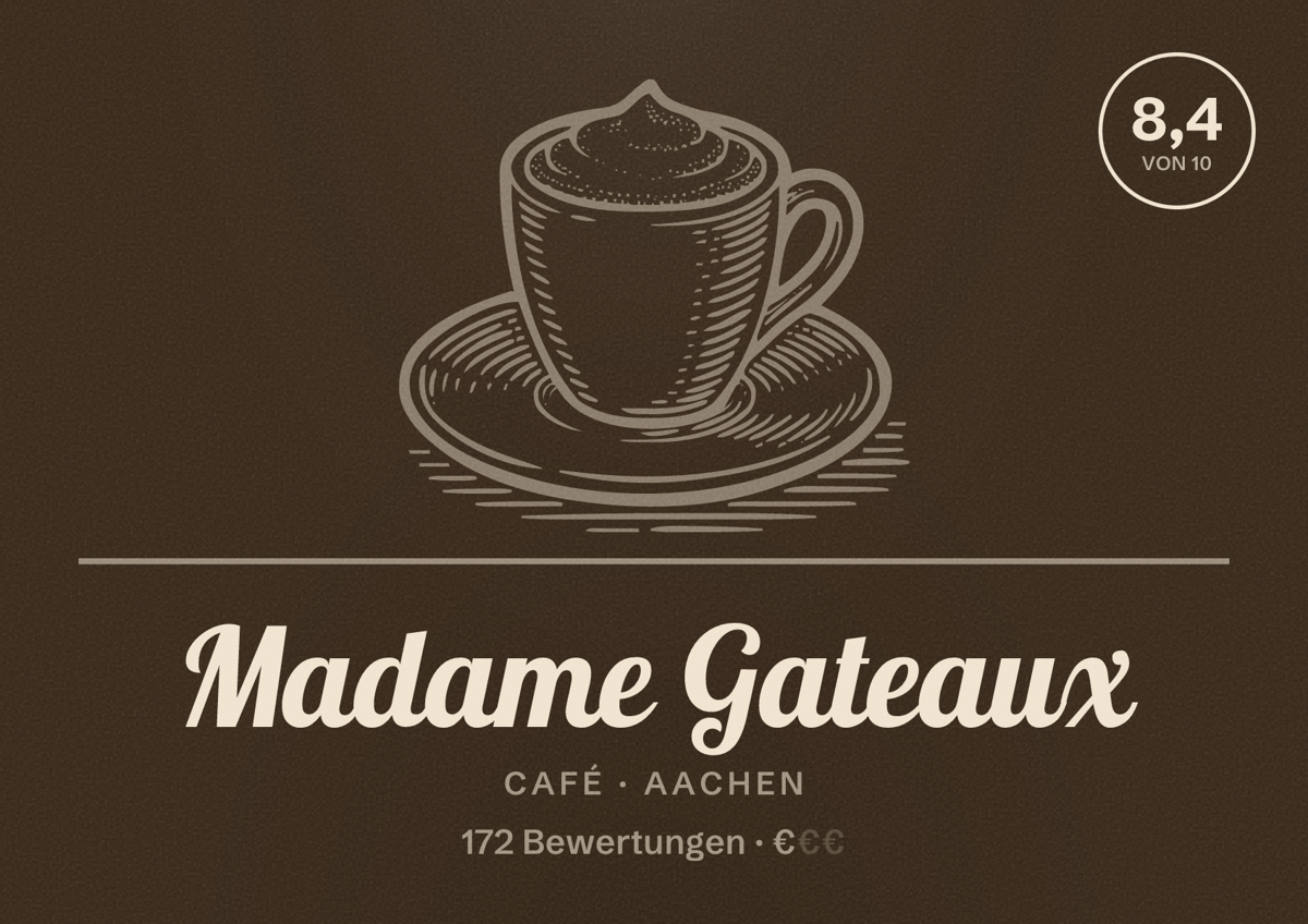 Illustriertes Poster von Madame Gateaux, Café in Aachen: Bewertung 8,4 von 10 aus 172 Bewertungen, Preisniveau €