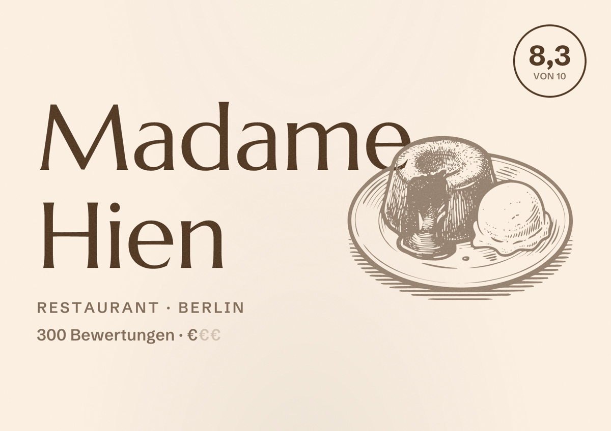 Illustriertes Poster von Madame Hien, Restaurant in Berlin: Bewertung 8,3 von 10 aus 300 Bewertungen, Preisniveau €
