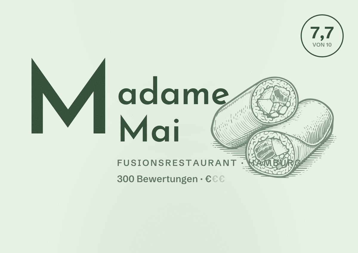 Illustriertes Poster von Madame Mai, Fusionsrestaurant in Hamburg: Bewertung 7,7 von 10 aus 300 Bewertungen, Preisniveau €