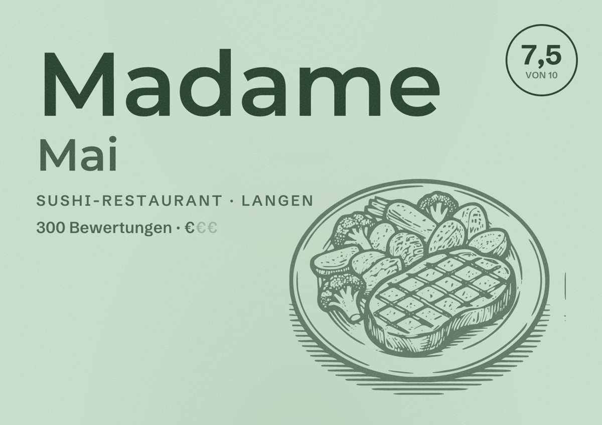 Illustriertes Poster von Madame Mai, Sushi-Restaurant in Langen: Bewertung 7,5 von 10 aus 300 Bewertungen, Preisniveau €