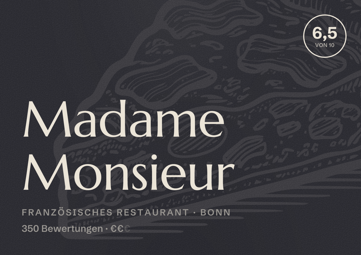 Illustriertes Poster von Madame Monsieur, Französisches Restaurant in Bonn: Bewertung 6,5 von 10 aus 350 Bewertungen, Preisniveau €€