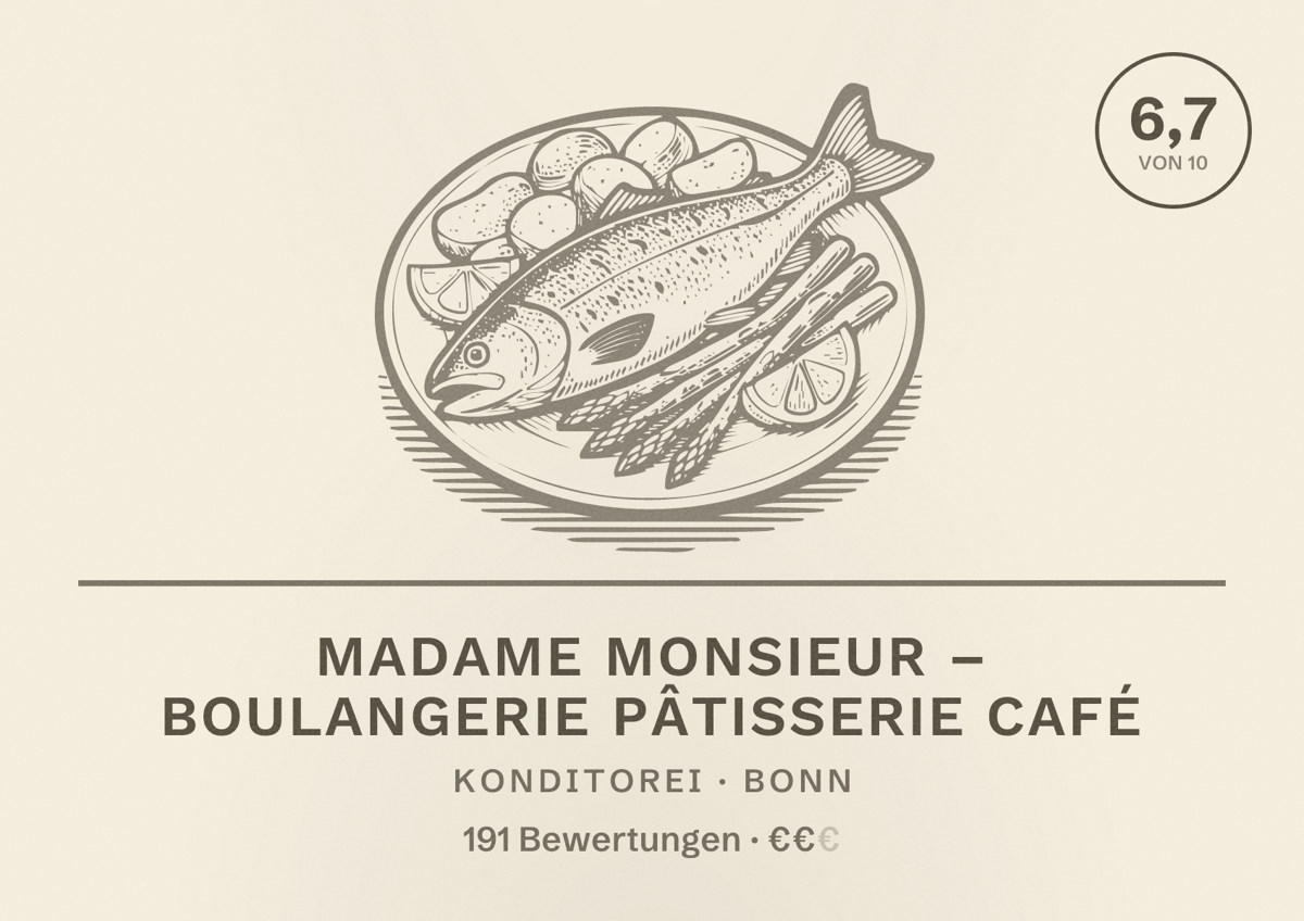Illustriertes Poster von Madame Monsieur – Boulangerie Pâtisserie Café, Konditorei in Bonn: Bewertung 6,7 von 10 aus 191 Bewertungen, Preisniveau €€