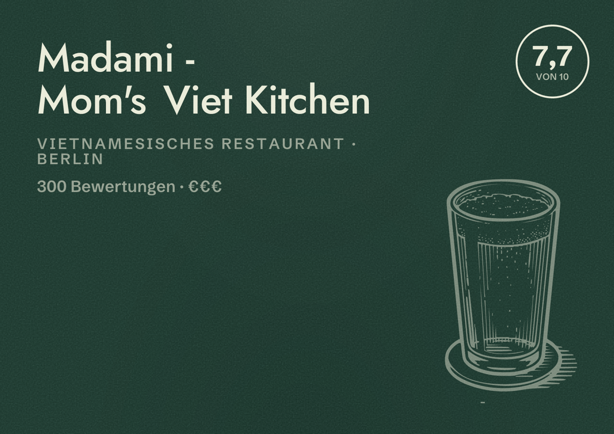 Illustriertes Poster von Madami - Mom's Viet Kitchen, Vietnamesisches Restaurant in Berlin: Bewertung 7,7 von 10 aus 300 Bewertungen, Preisniveau €€€