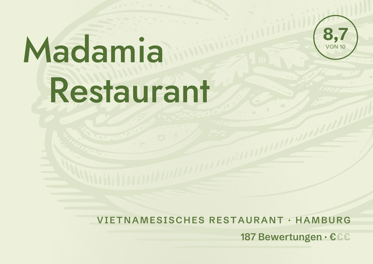 Illustriertes Poster von Madamia Restaurant, Vietnamesisches Restaurant in Hamburg: Bewertung 8,7 von 10 aus 187 Bewertungen, Preisniveau €