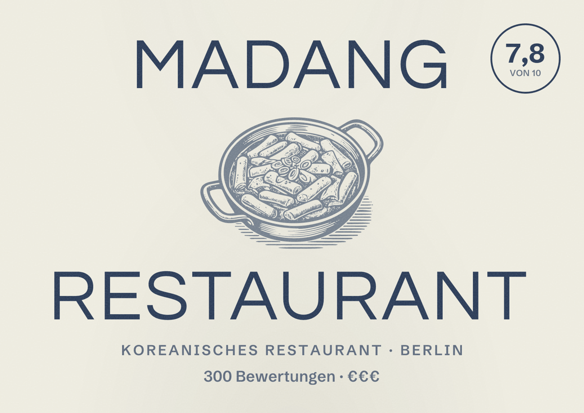 Illustriertes Poster von Madang Restaurant, Koreanisches Restaurant in Berlin: Bewertung 7,8 von 10 aus 300 Bewertungen, Preisniveau €€€