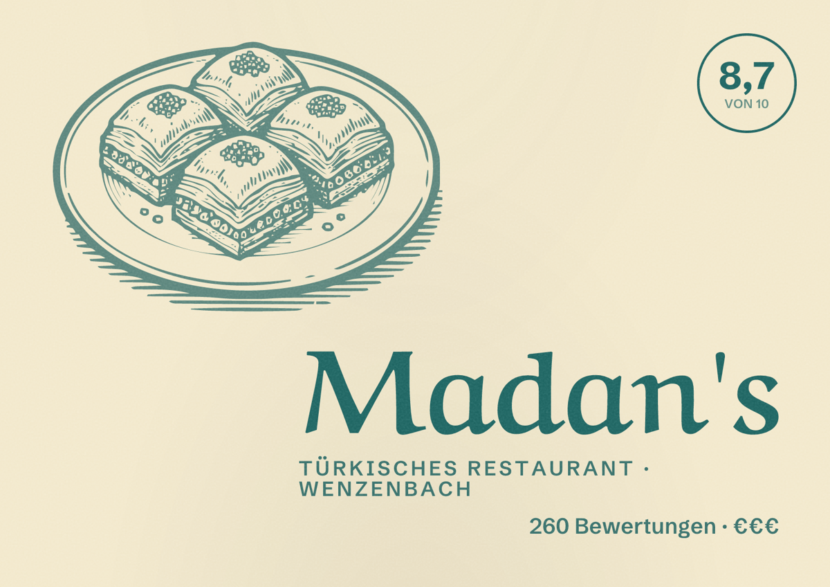 Illustriertes Poster von Madan's, Türkisches Restaurant in Wenzenbach: Bewertung 8,7 von 10 aus 260 Bewertungen, Preisniveau €€€