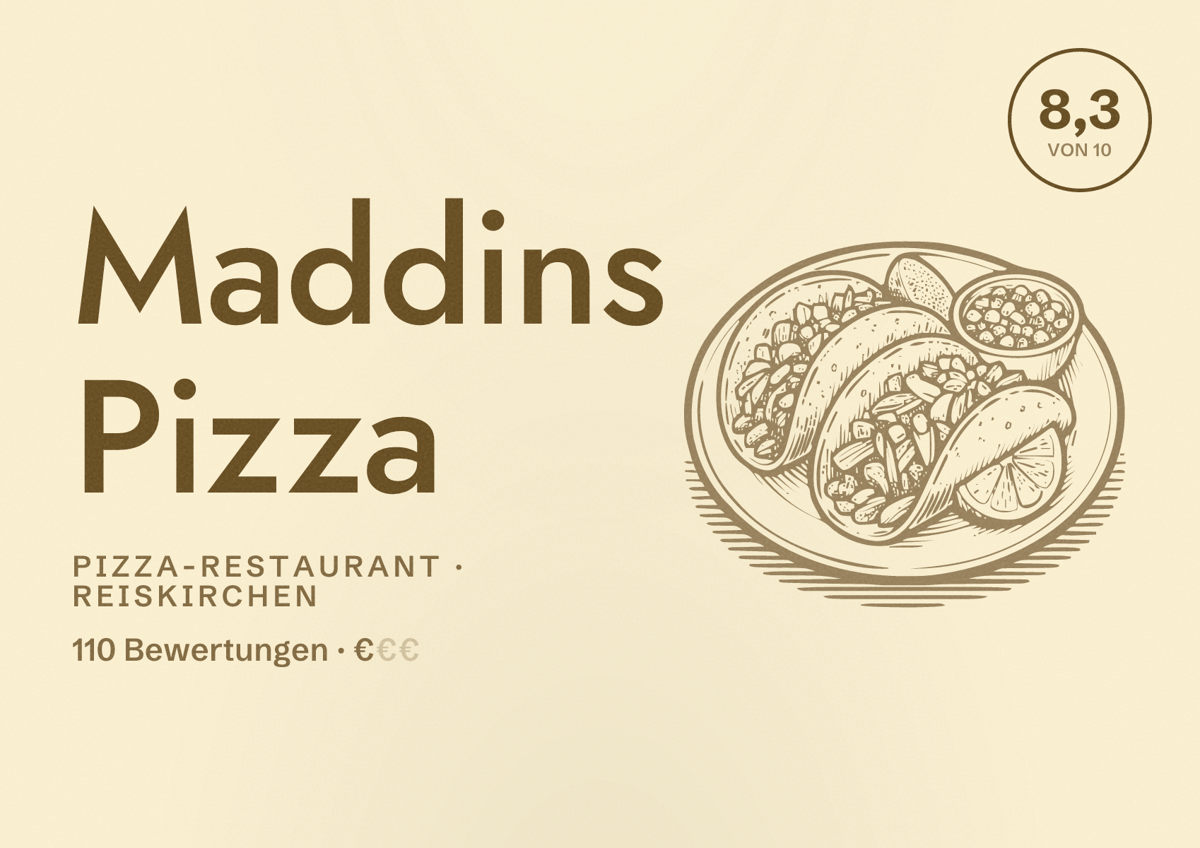 Illustriertes Poster von Maddins Pizza, Pizza-Restaurant in Reiskirchen: Bewertung 8,3 von 10 aus 110 Bewertungen, Preisniveau €