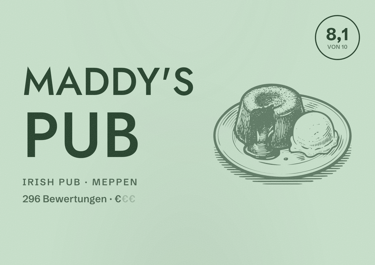 Illustriertes Poster von Maddy's Pub, Irish Pub in Meppen: Bewertung 8,1 von 10 aus 296 Bewertungen, Preisniveau €
