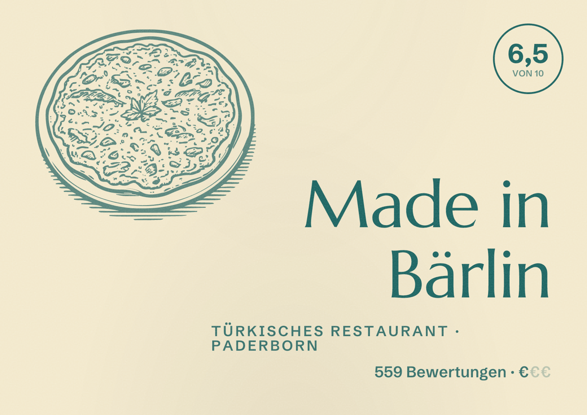 Illustriertes Poster von Made in Bärlin, Türkisches Restaurant in Paderborn: Bewertung 6,5 von 10 aus 559 Bewertungen, Preisniveau €