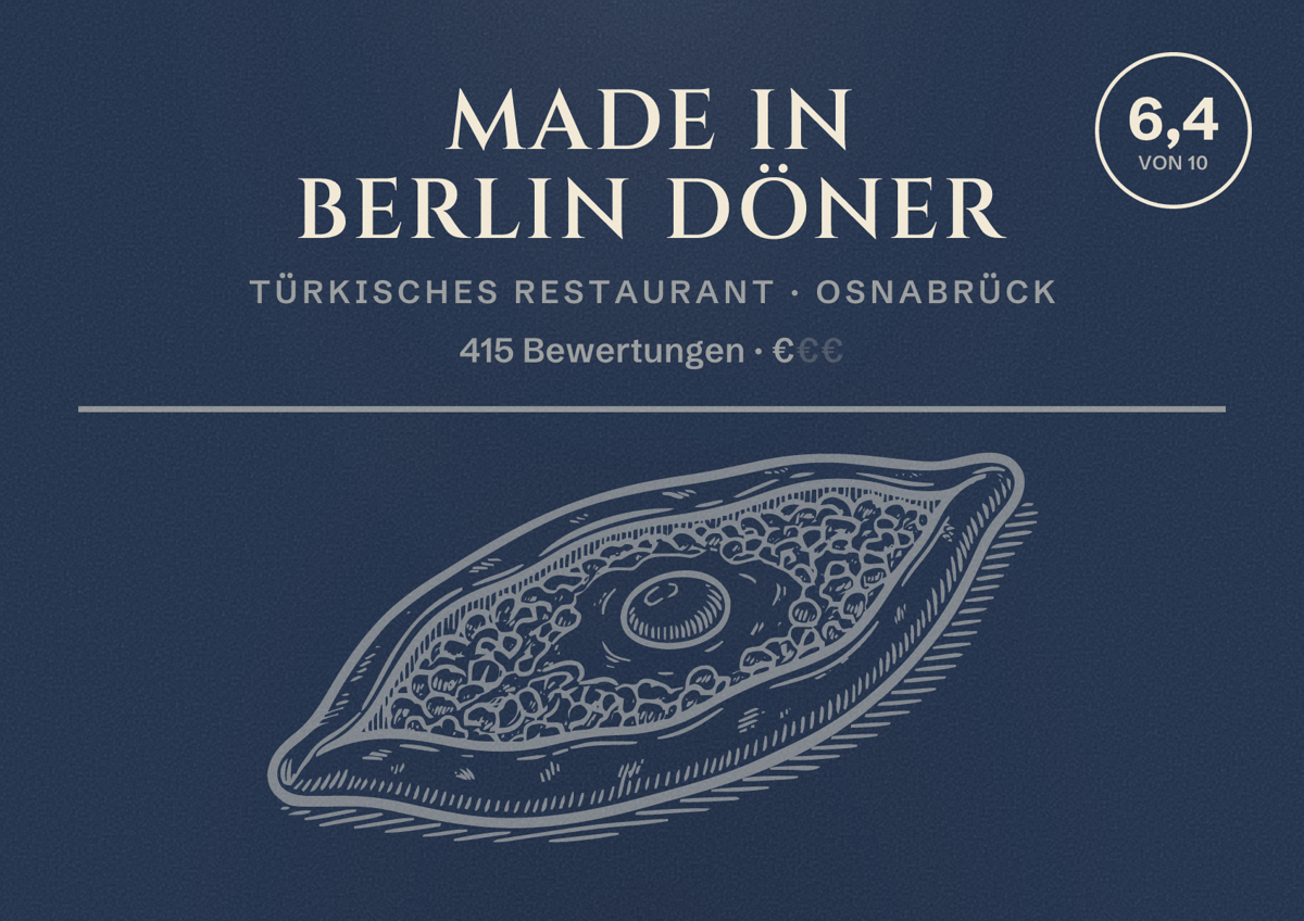 Illustriertes Poster von Made in Berlin Döner, Türkisches Restaurant in Osnabrück: Bewertung 6,4 von 10 aus 415 Bewertungen, Preisniveau €