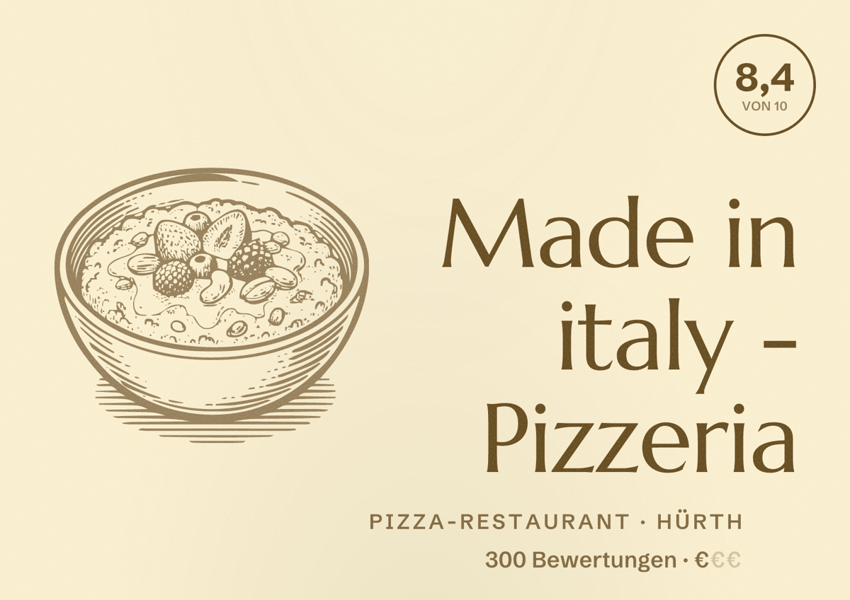 Illustriertes Poster von Made in italy - Pizzeria, Pizza-Restaurant in Hürth: Bewertung 8,4 von 10 aus 300 Bewertungen, Preisniveau €