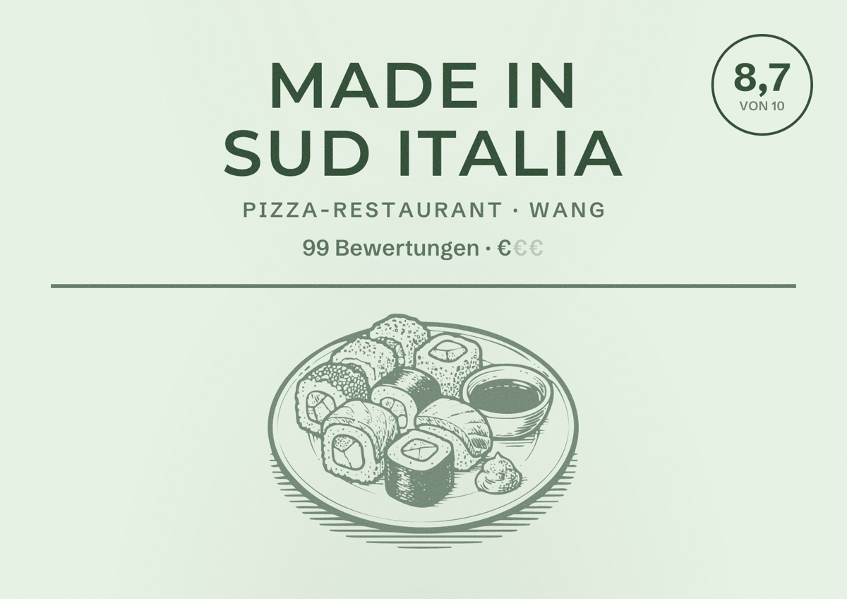 Illustriertes Poster von Made in Sud Italia, Pizza-Restaurant in Wang: Bewertung 8,7 von 10 aus 99 Bewertungen, Preisniveau €