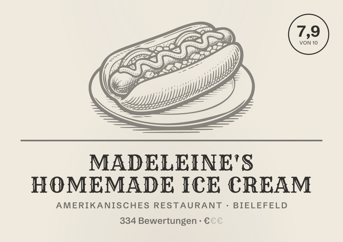 Illustriertes Poster von Madeleine's homemade Ice Cream, Amerikanisches Restaurant in Bielefeld: Bewertung 7,9 von 10 aus 334 Bewertungen, Preisniveau €