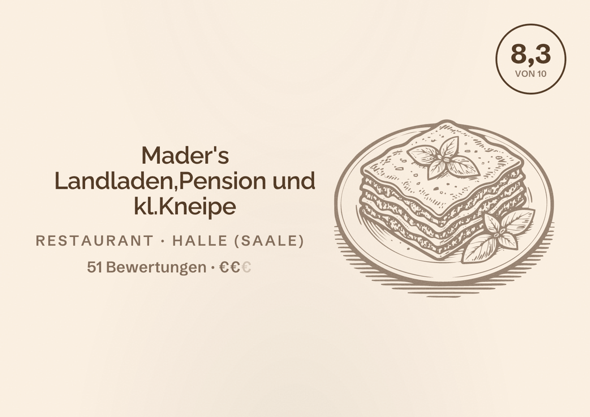 Illustriertes Poster von Mader's Landladen,Pension und kl.Kneipe, Restaurant in Halle (Saale): Bewertung 8,3 von 10 aus 51 Bewertungen, Preisniveau €€