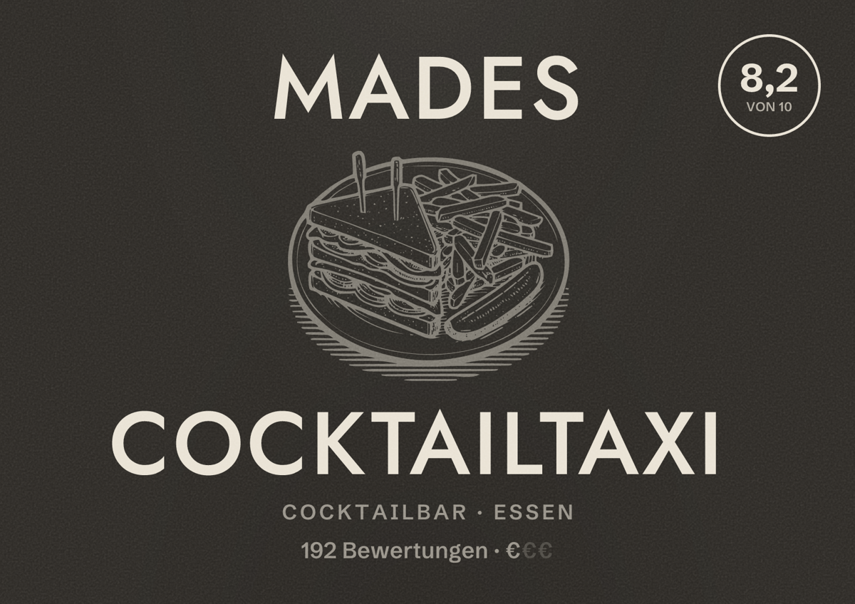 Illustriertes Poster von Mades Cocktailtaxi, Cocktailbar in Essen: Bewertung 8,2 von 10 aus 192 Bewertungen, Preisniveau €