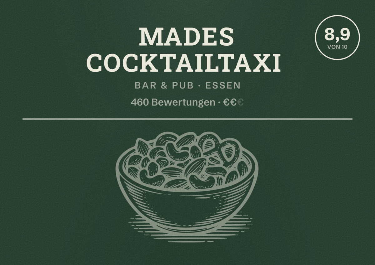 Illustriertes Poster von Mades Cocktailtaxi, Bar & Pub in Essen: Bewertung 8,9 von 10 aus 460 Bewertungen, Preisniveau €€