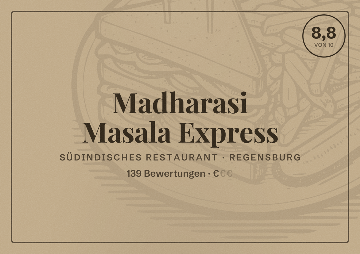 Illustriertes Poster von Madharasi Masala Express, Südindisches Restaurant in Regensburg: Bewertung 8,8 von 10 aus 139 Bewertungen, Preisniveau €