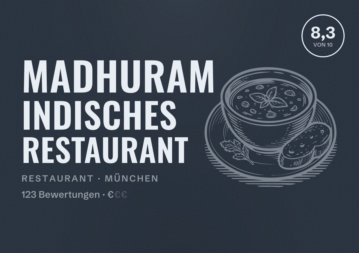 Illustriertes Poster von Madhuram Indisches Restaurant, Restaurant in München: Bewertung 8,3 von 10 aus 123 Bewertungen, Preisniveau €