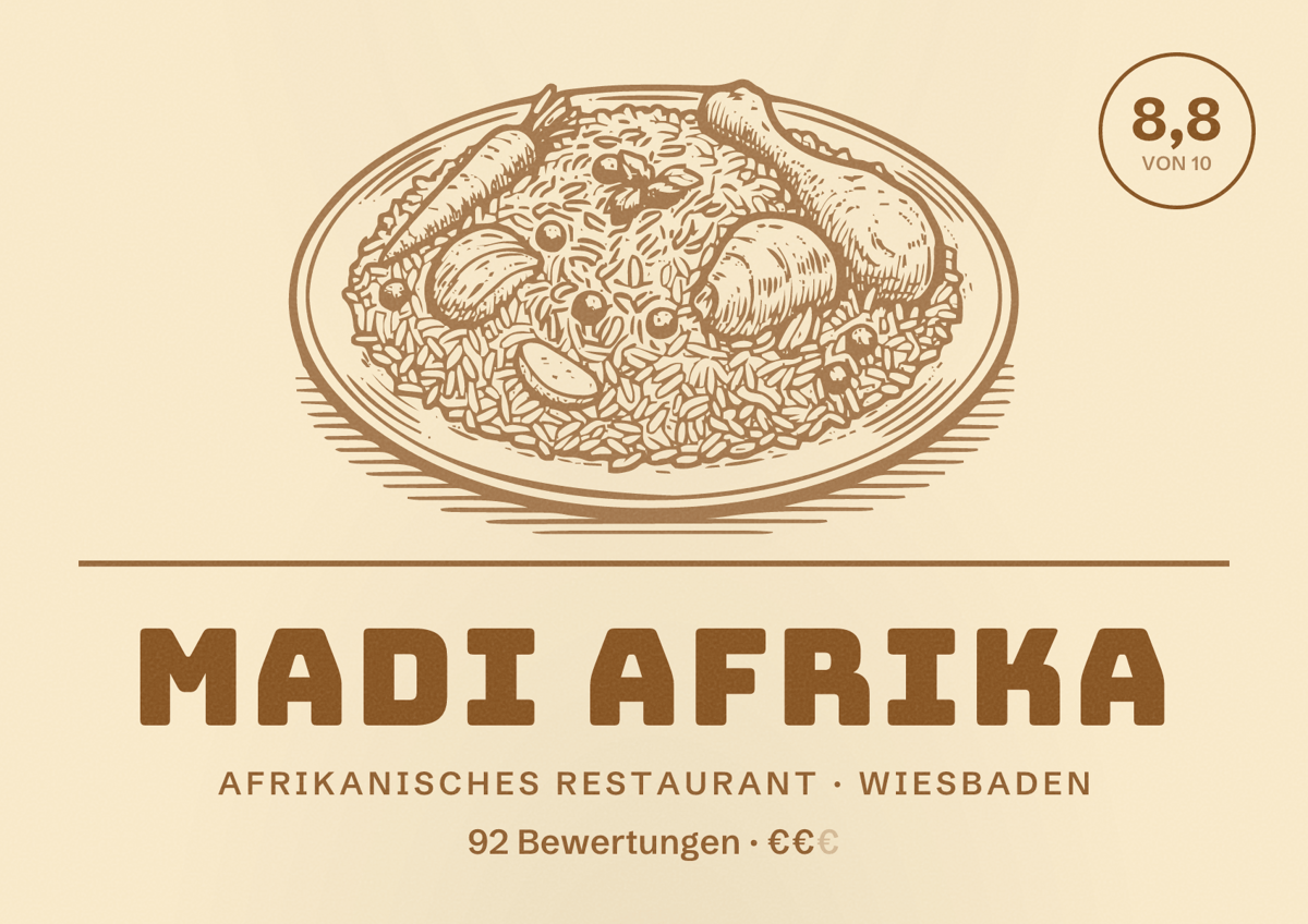 Illustriertes Poster von Madi Afrika, Afrikanisches Restaurant in Wiesbaden: Bewertung 8,8 von 10 aus 92 Bewertungen, Preisniveau €€