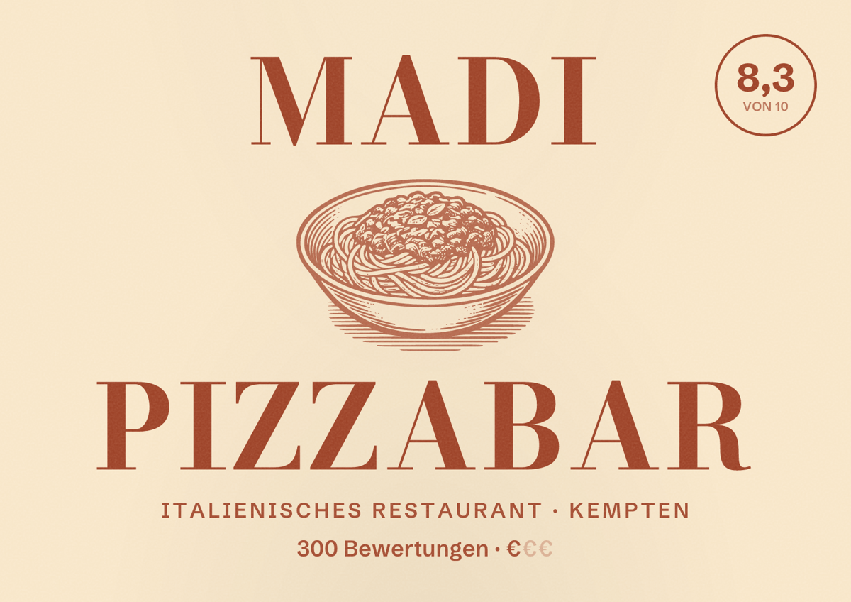 Illustriertes Poster von MADI Pizzabar, Italienisches Restaurant in Kempten: Bewertung 8,3 von 10 aus 300 Bewertungen, Preisniveau €