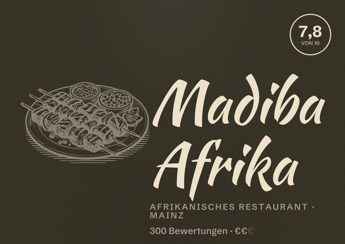 Illustriertes Poster von Madiba Afrika, Afrikanisches Restaurant in Mainz: Bewertung 7,8 von 10 aus 300 Bewertungen, Preisniveau €€