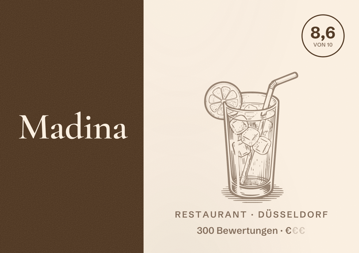 Illustriertes Poster von Madina, Restaurant in Düsseldorf: Bewertung 8,6 von 10 aus 300 Bewertungen, Preisniveau €