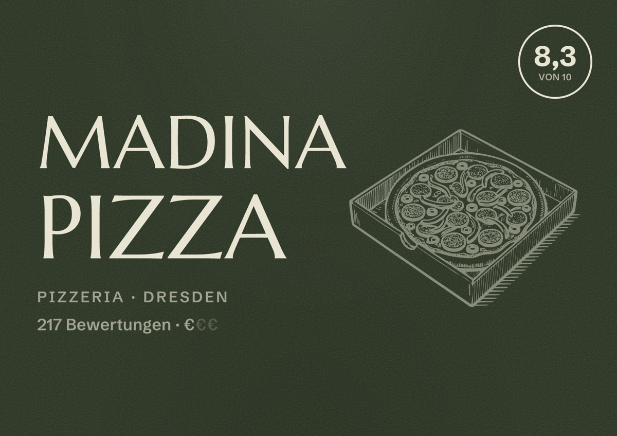 Illustriertes Poster von Madina Pizza, Pizzeria in Dresden: Bewertung 8,3 von 10 aus 217 Bewertungen, Preisniveau €