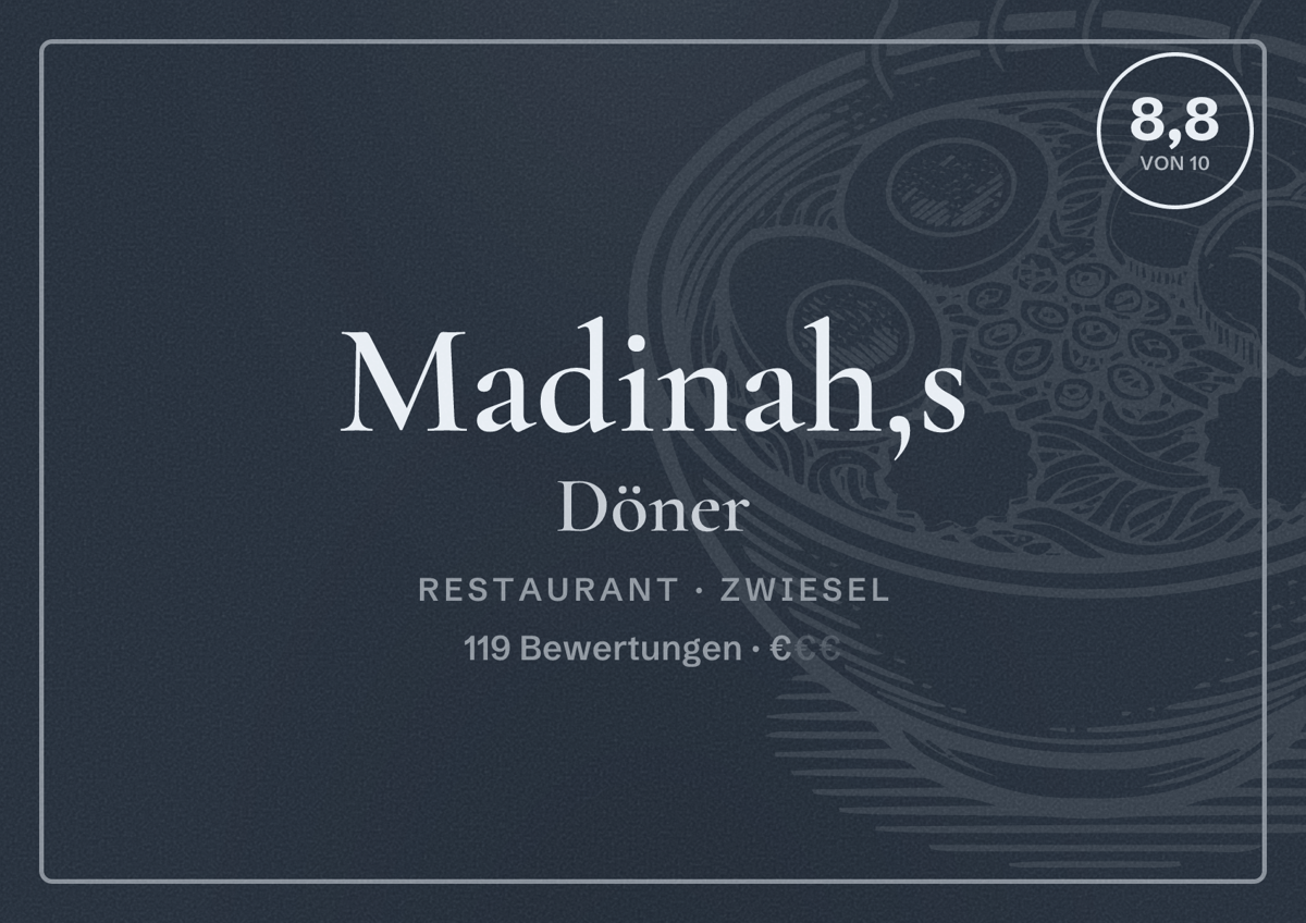 Illustriertes Poster von Madinah,s Döner, Restaurant in Zwiesel: Bewertung 8,8 von 10 aus 119 Bewertungen, Preisniveau €