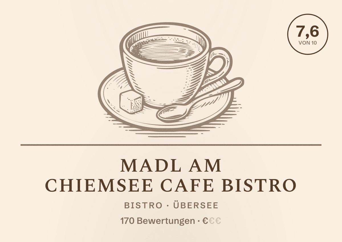 Illustriertes Poster von Madl am Chiemsee Cafe Bistro, Bistro in Übersee: Bewertung 7,6 von 10 aus 170 Bewertungen, Preisniveau €