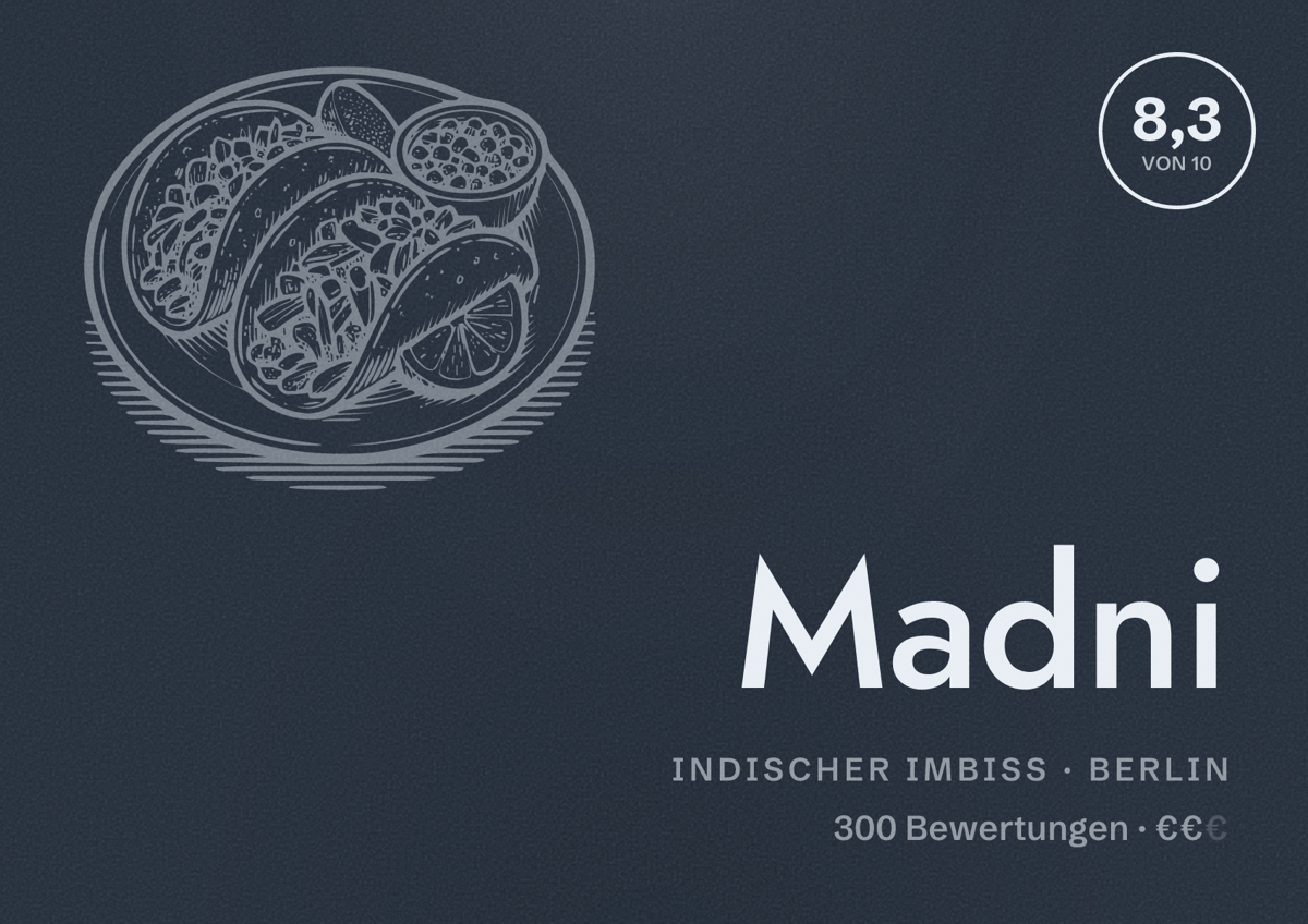 Illustriertes Poster von Madni, Indischer Imbiss in Berlin: Bewertung 8,3 von 10 aus 300 Bewertungen, Preisniveau €€