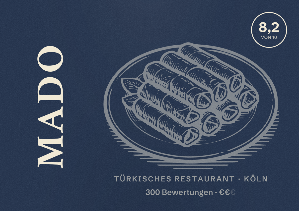 Illustriertes Poster von Mado, Türkisches Restaurant in Köln: Bewertung 8,2 von 10 aus 300 Bewertungen, Preisniveau €€