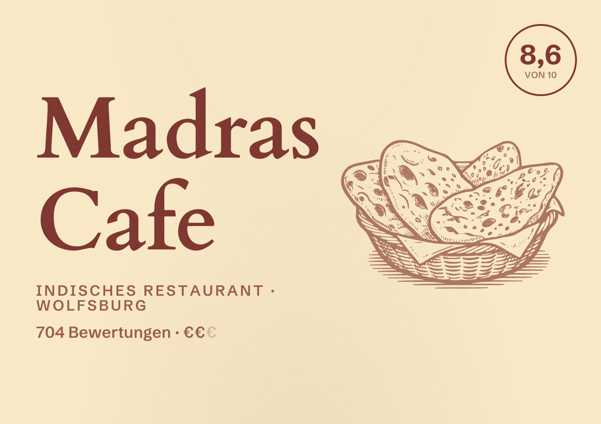 Illustriertes Poster von Madras Cafe, Indisches Restaurant in Wolfsburg: Bewertung 8,6 von 10 aus 704 Bewertungen, Preisniveau €€