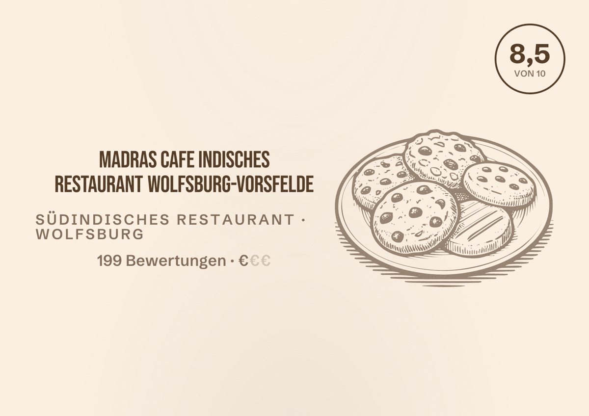 Illustriertes Poster von Madras Cafe Indisches Restaurant Wolfsburg-Vorsfelde, Südindisches Restaurant in Wolfsburg: Bewertung 8,5 von 10 aus 199 Bewertungen, Preisniveau €