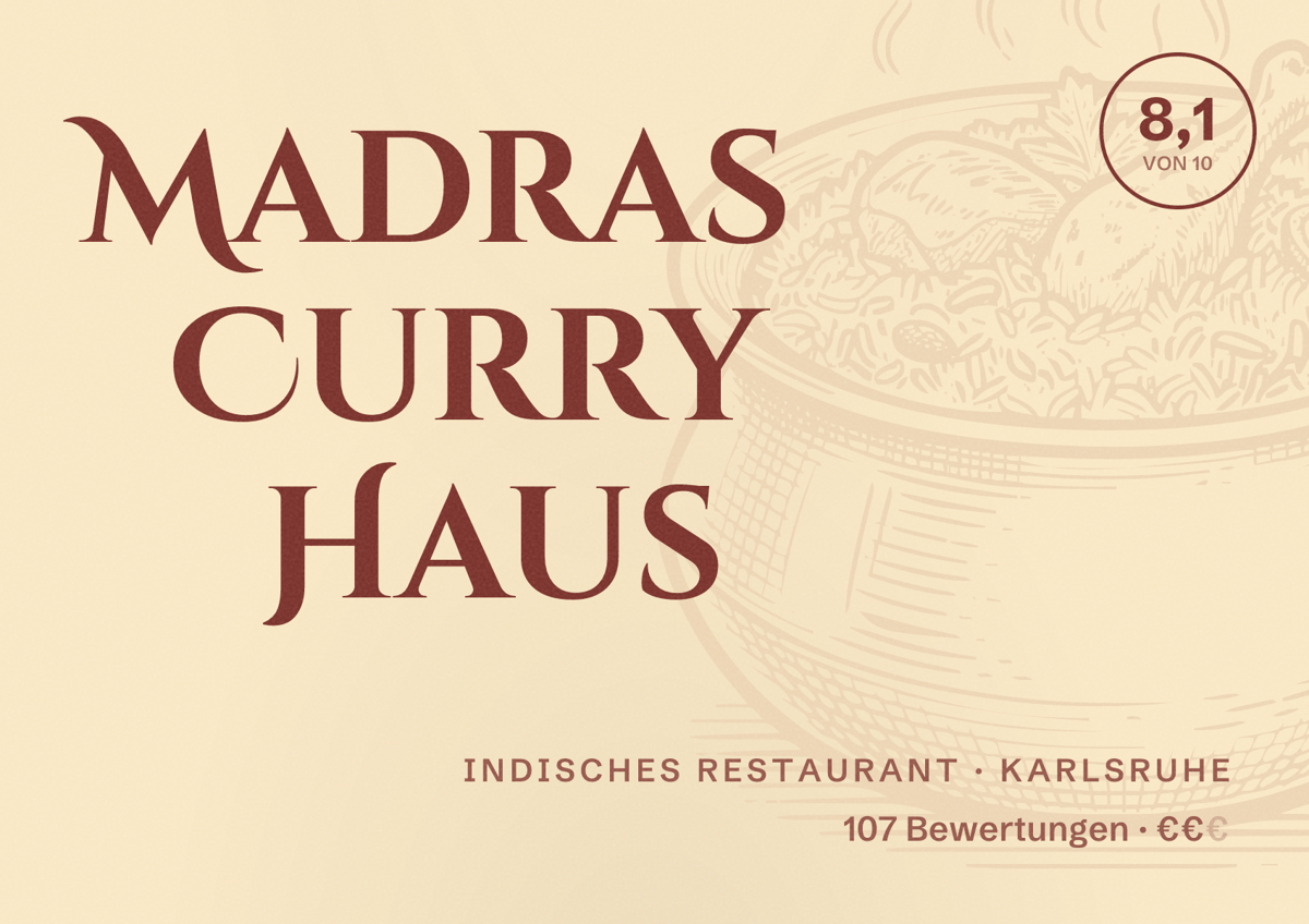 Illustriertes Poster von Madras Curry Haus, Indisches Restaurant in Karlsruhe: Bewertung 8,1 von 10 aus 107 Bewertungen, Preisniveau €€