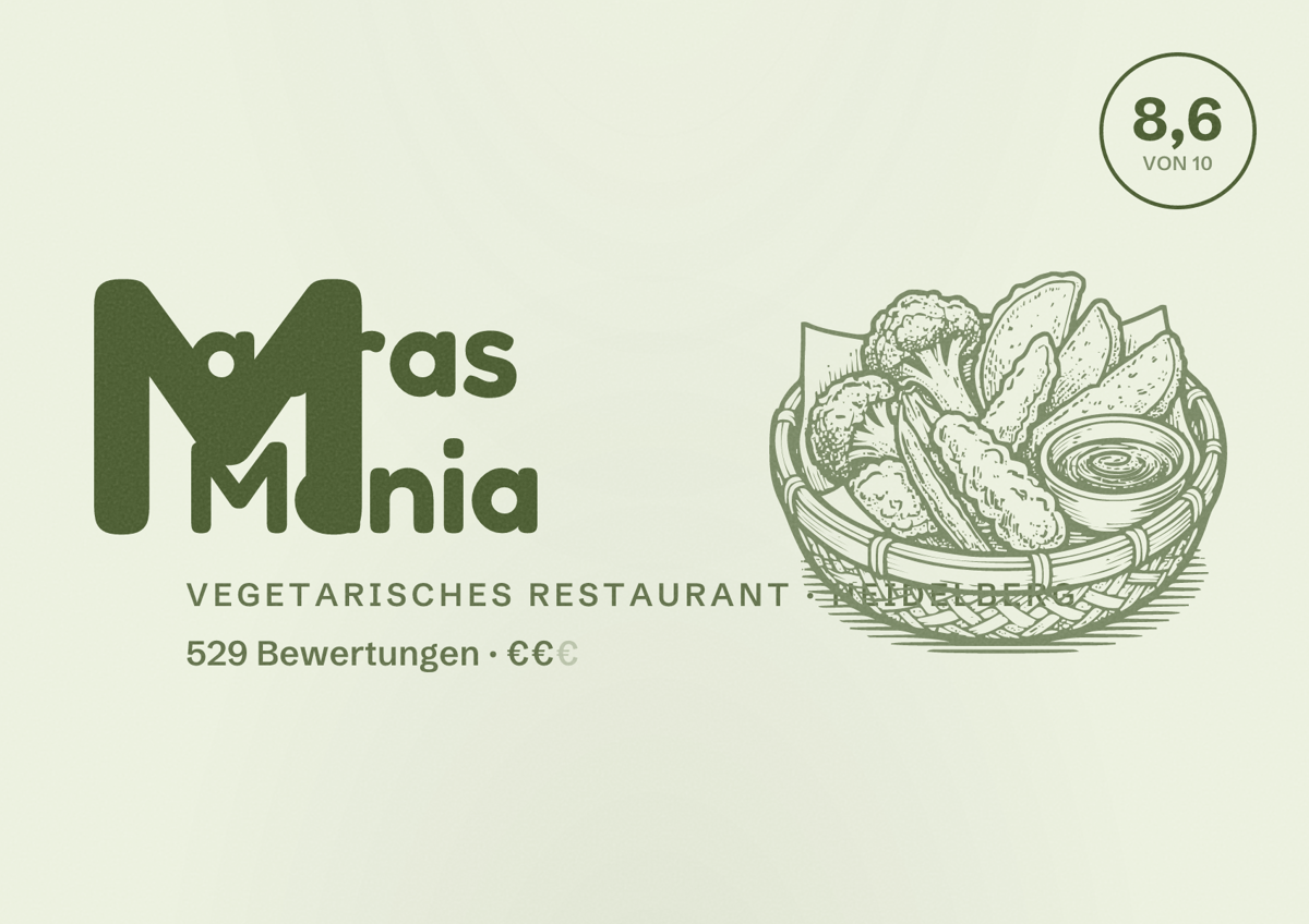 Illustriertes Poster von Madras Mania, Vegetarisches Restaurant in Heidelberg: Bewertung 8,6 von 10 aus 529 Bewertungen, Preisniveau €€