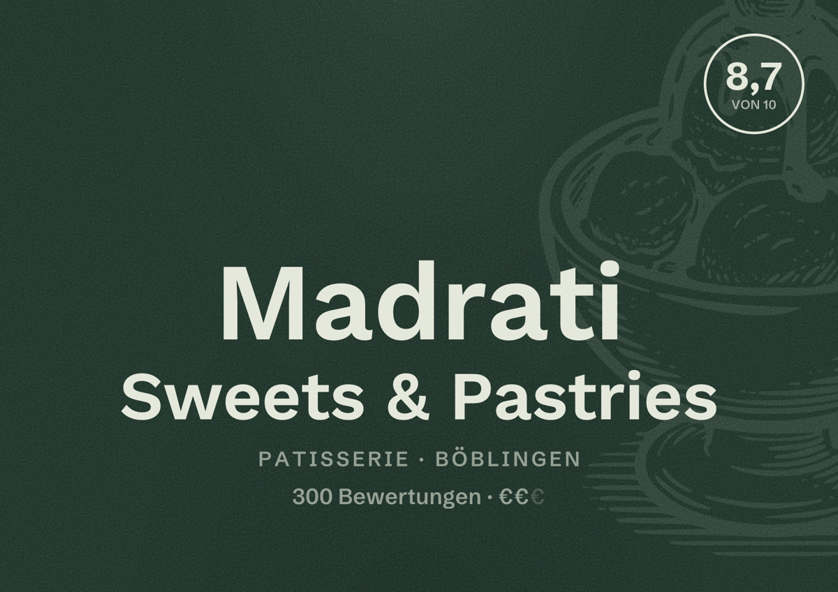 Illustriertes Poster von Madrati Sweets & Pastries, Patisserie in Böblingen: Bewertung 8,7 von 10 aus 300 Bewertungen, Preisniveau €€